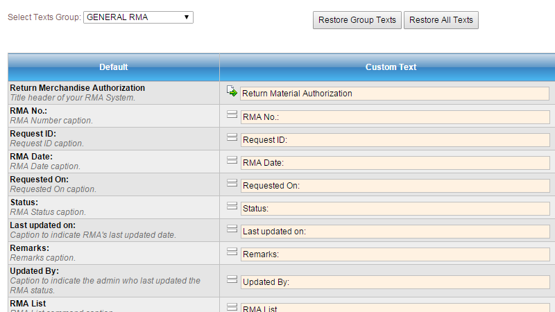 Returns Management Software showing customizable verbiage or texts